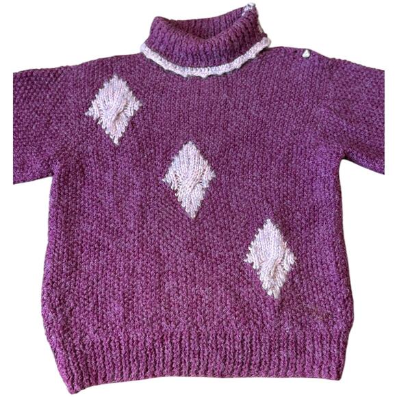 Vintage Handmade Purple & Pink Diamond Knit Turtleneck Sweater Size Large - Picture 6 of 15